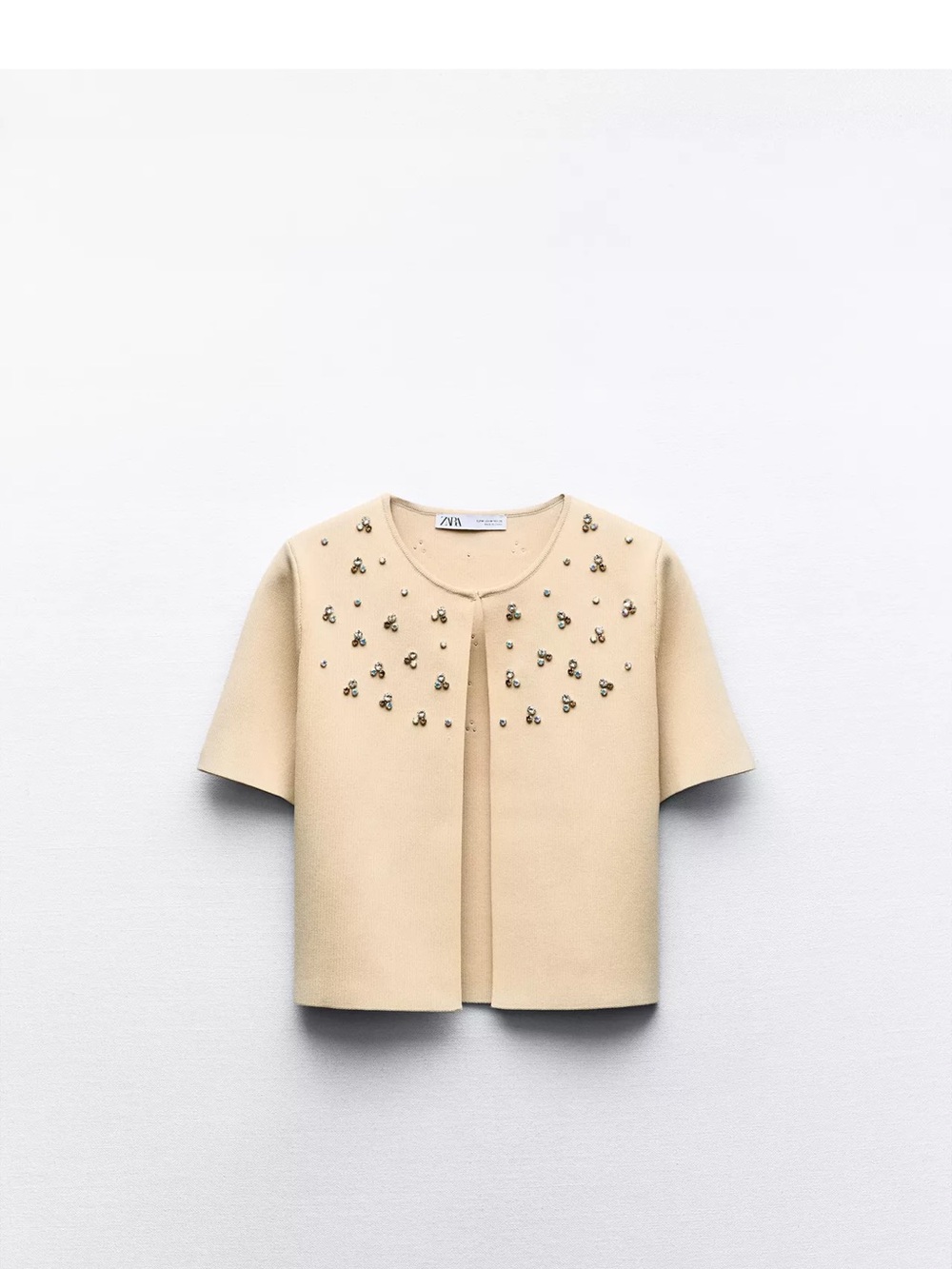 Zara Beaded Short-Sleeve Top set in Beige